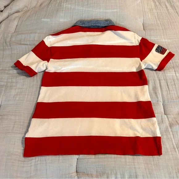 Ralph Lauren Boys Red and White Polo with Chambray Collar Sz L 14/16 - Picture 2 of 9